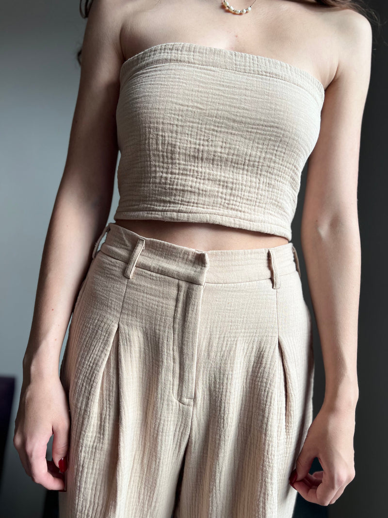 AUDREY ~ Airy Textured Cotton Wide Leg Pants + Tube Top Set