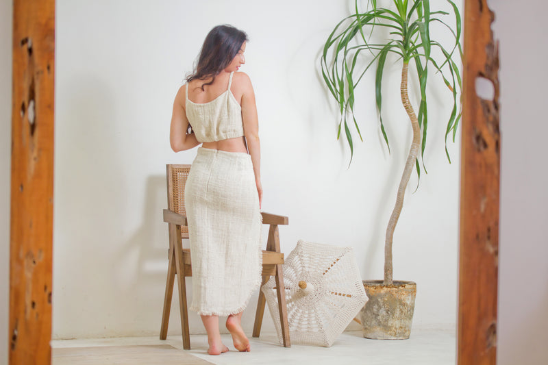 GAIA ~ Long Skirt with High Slit + Bra Top in Hemp