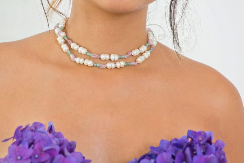 Pearl + Agate Necklace + Silver Details